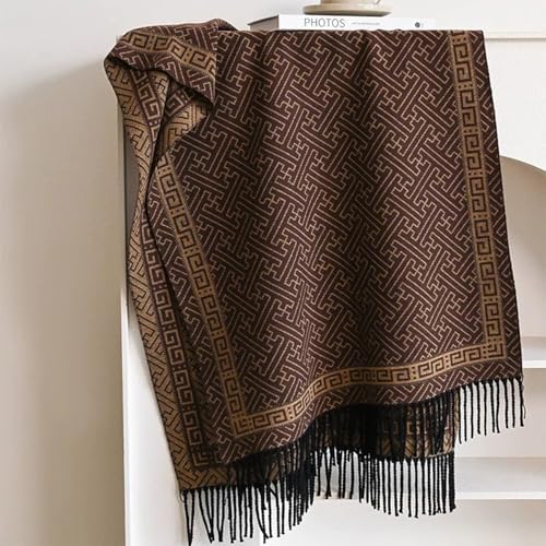 Women Geometric Maze Print Cashmere Scarf with Fringe