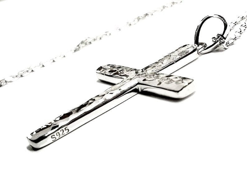 Solid Sterling Silver Hammered Cross Necklace Pendant