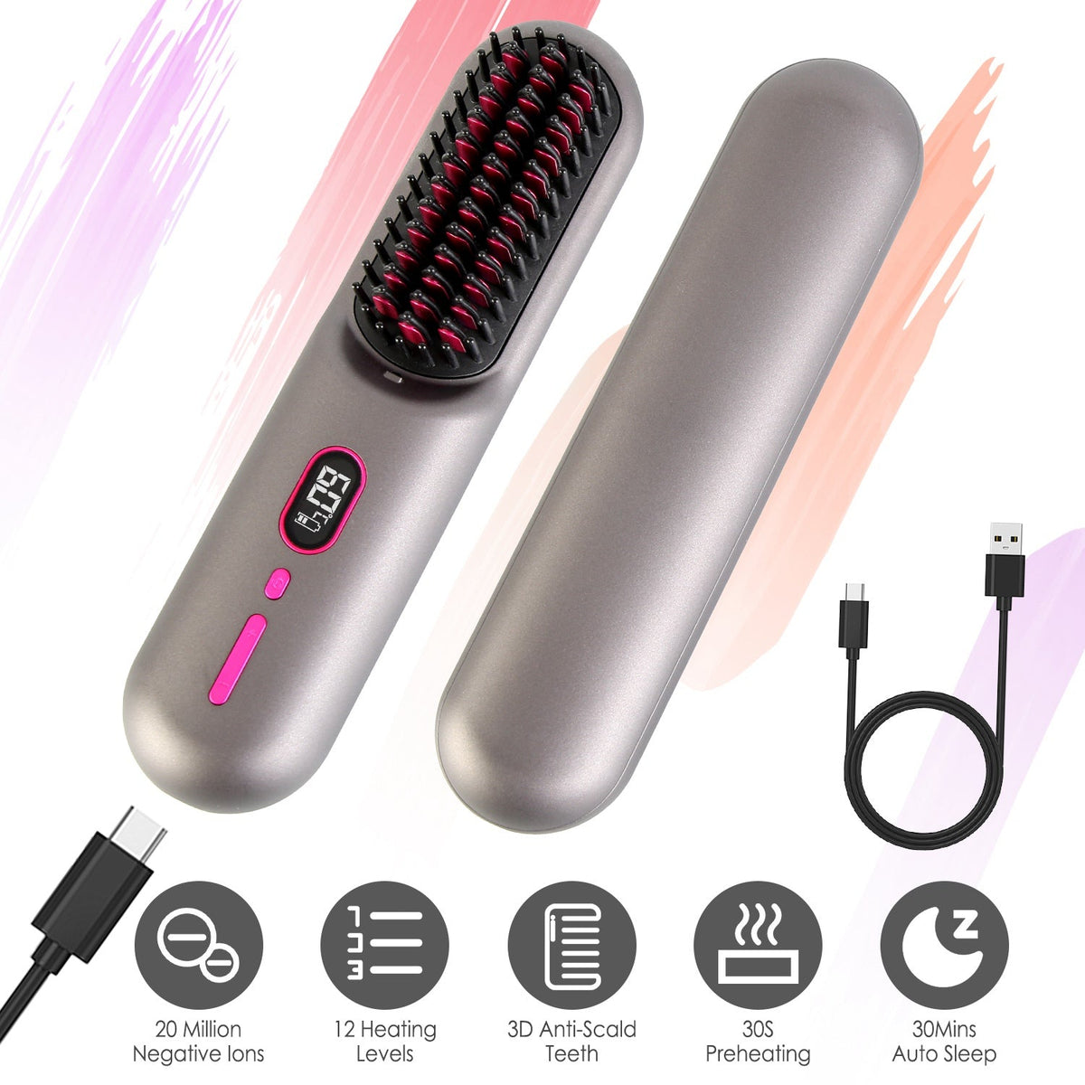 Cordless Negative Ion Hair Straightener Brush