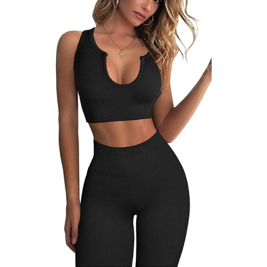 2-Piece Set: Ribbed Seamless Crop Tank and High Waist Yoga Leggings