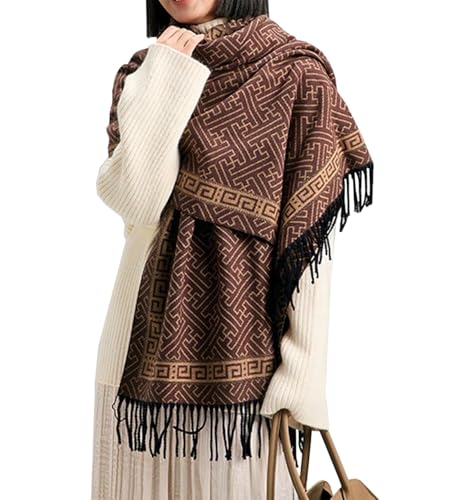 Women Geometric Maze Print Cashmere Scarf with Fringe