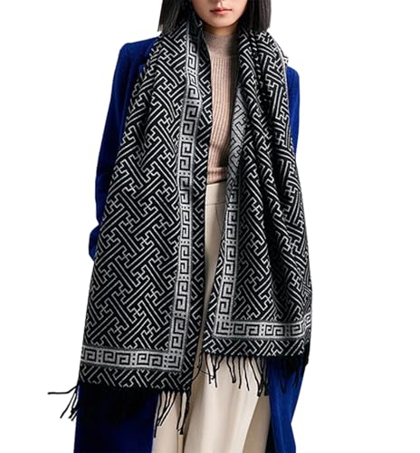 Women Geometric Maze Print Cashmere Scarf with Fringe