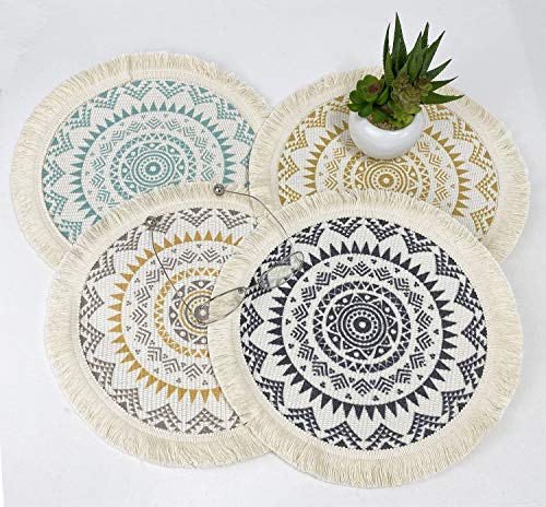 Boho Mandala Fringe Cotton Placemats 13-inch Round, Set of 4