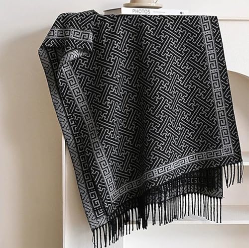 Women Geometric Maze Print Cashmere Scarf with Fringe