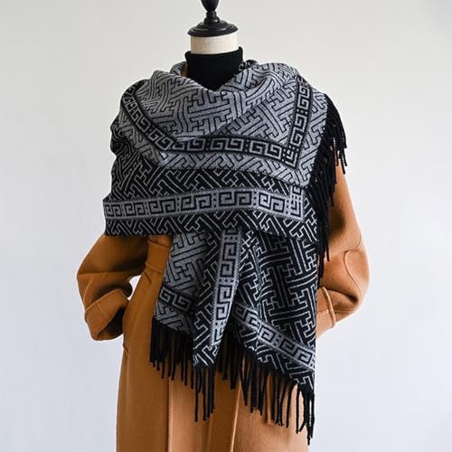 Women Geometric Maze Print Cashmere Scarf with Fringe