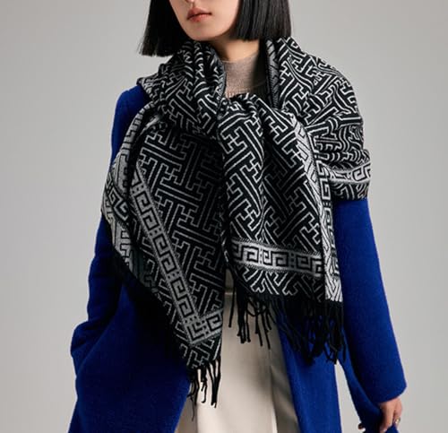 Women Geometric Maze Print Cashmere Scarf with Fringe