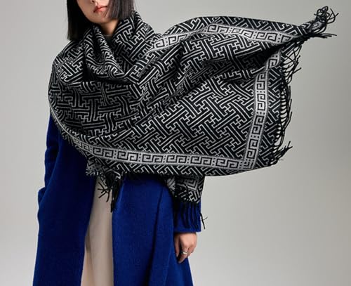 Women Geometric Maze Print Cashmere Scarf with Fringe
