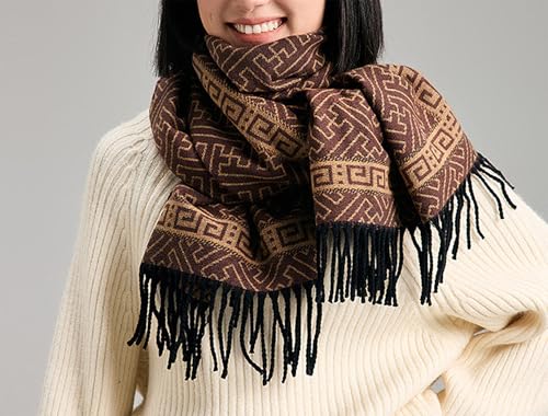 Women Geometric Maze Print Cashmere Scarf with Fringe
