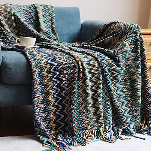 Knitted Zigzag Soft Boho Throw Blanket with Tassel