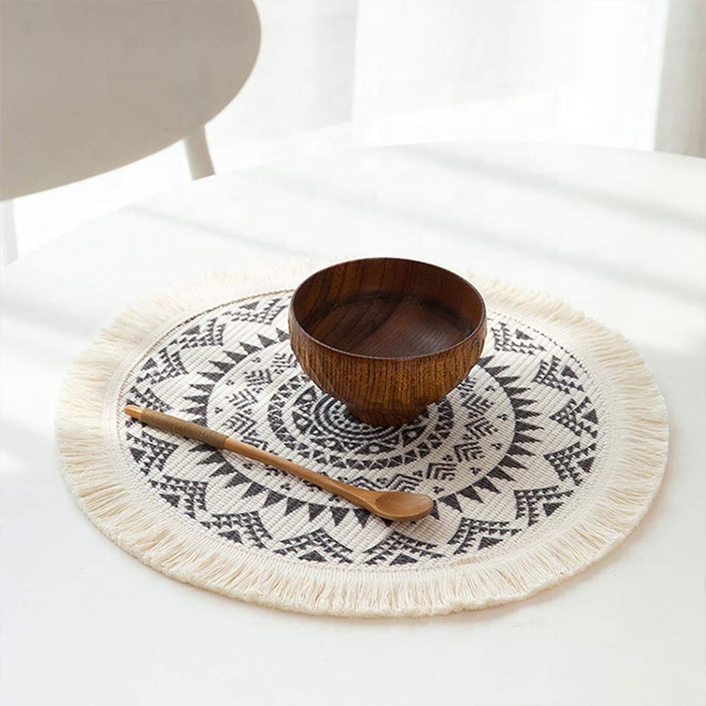 Boho Mandala Fringe Cotton Placemats 13-inch Round, Set of 4