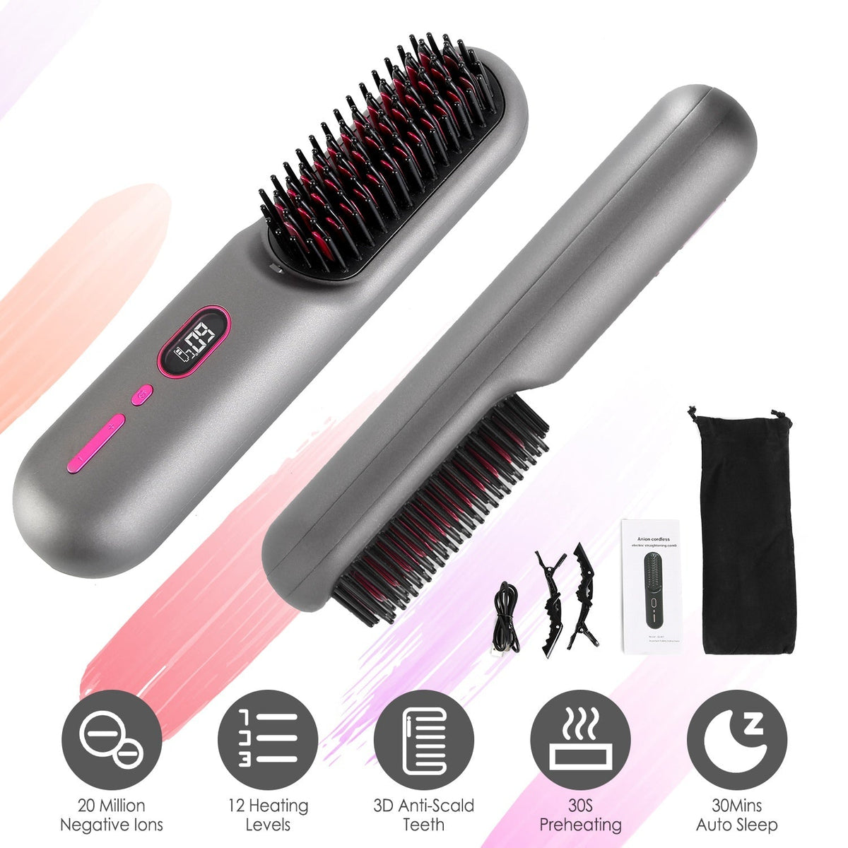 Cordless Negative Ion Hair Straightener Brush