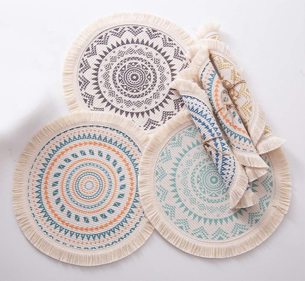 Boho Mandala Fringe Cotton Placemats 13-inch Round, Set of 4