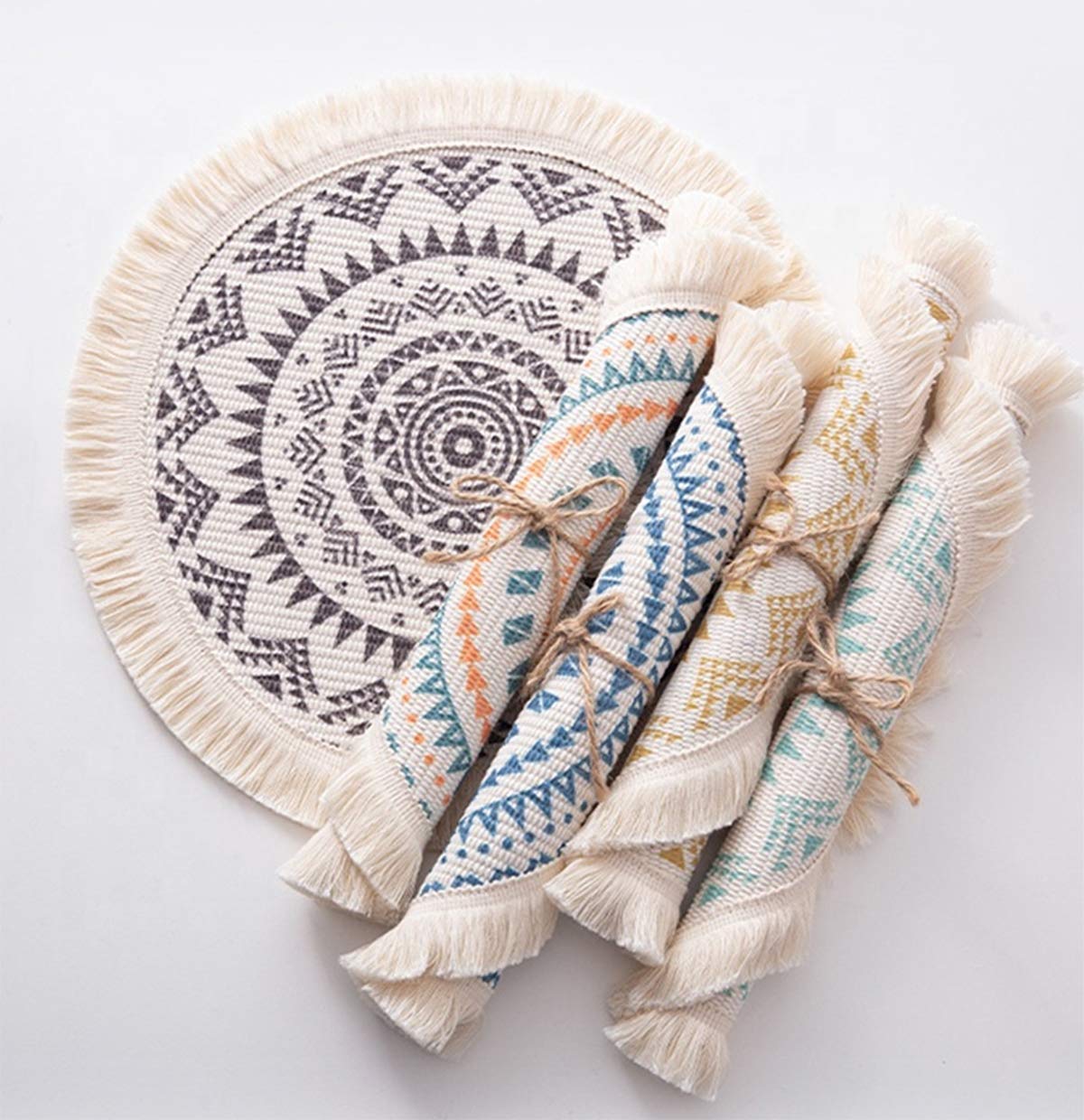 Boho Mandala Fringe Cotton Placemats 13-inch Round, Set of 4