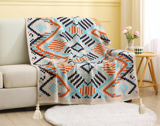 Multicolored Geometric Knit Throw Blanket with Tassel
