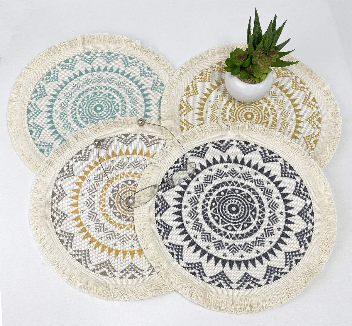 Boho Mandala Fringe Cotton Placemats 13-inch Round, Set of 4