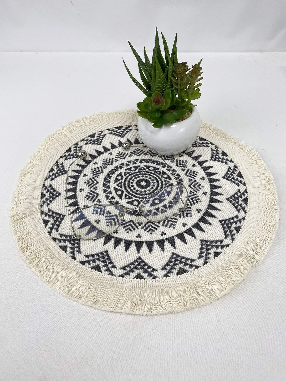 Boho Mandala Fringe Cotton Placemats 13-inch Round, Set of 4
