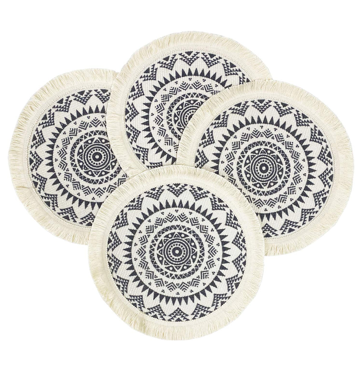Boho Mandala Fringe Cotton Placemats 13-inch Round, Set of 4