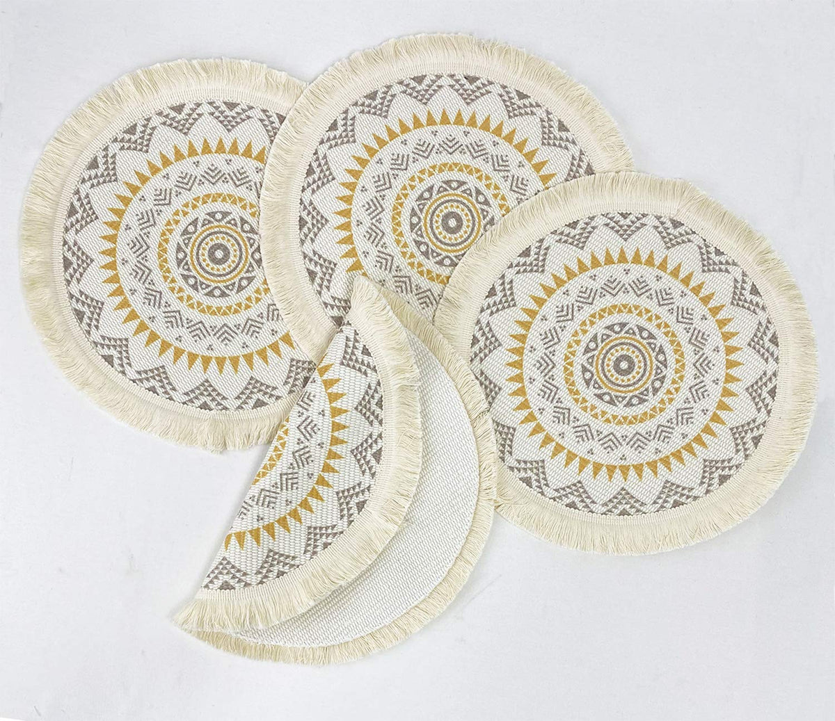 Boho Mandala Fringe Cotton Placemats 13-inch Round, Set of 4
