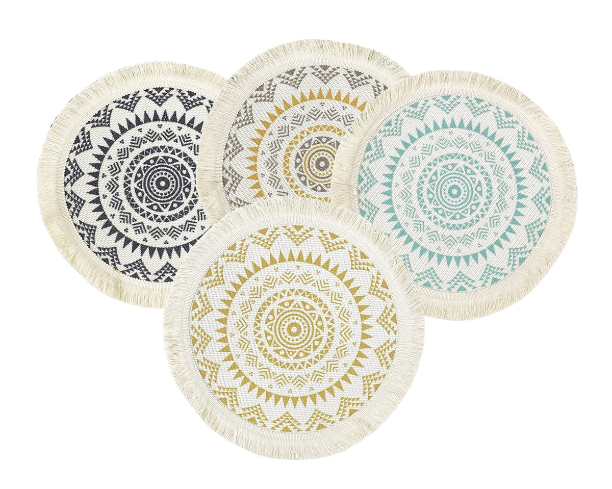 Boho Mandala Fringe Cotton Placemats 13-inch Round, Set of 4