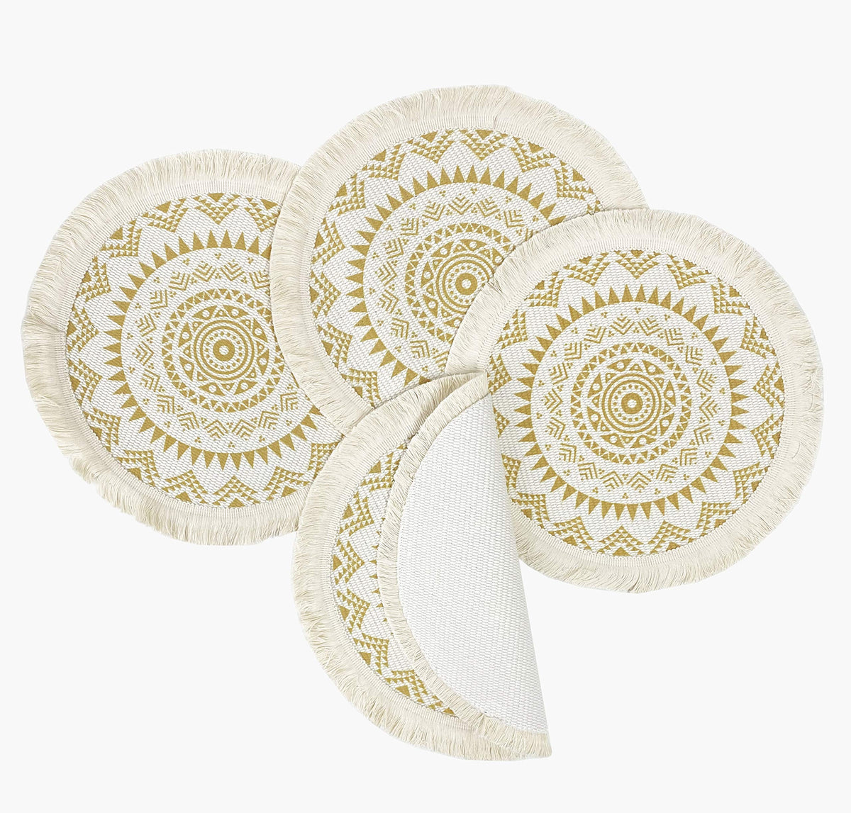 Boho Mandala Fringe Cotton Placemats 13-inch Round, Set of 4
