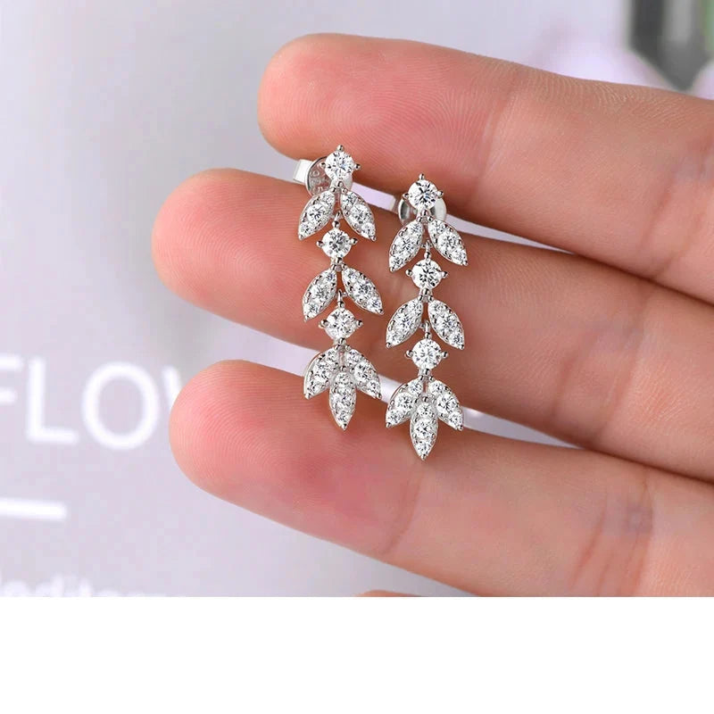 Sterling Silver Moissanite Leaf Drop Earrings