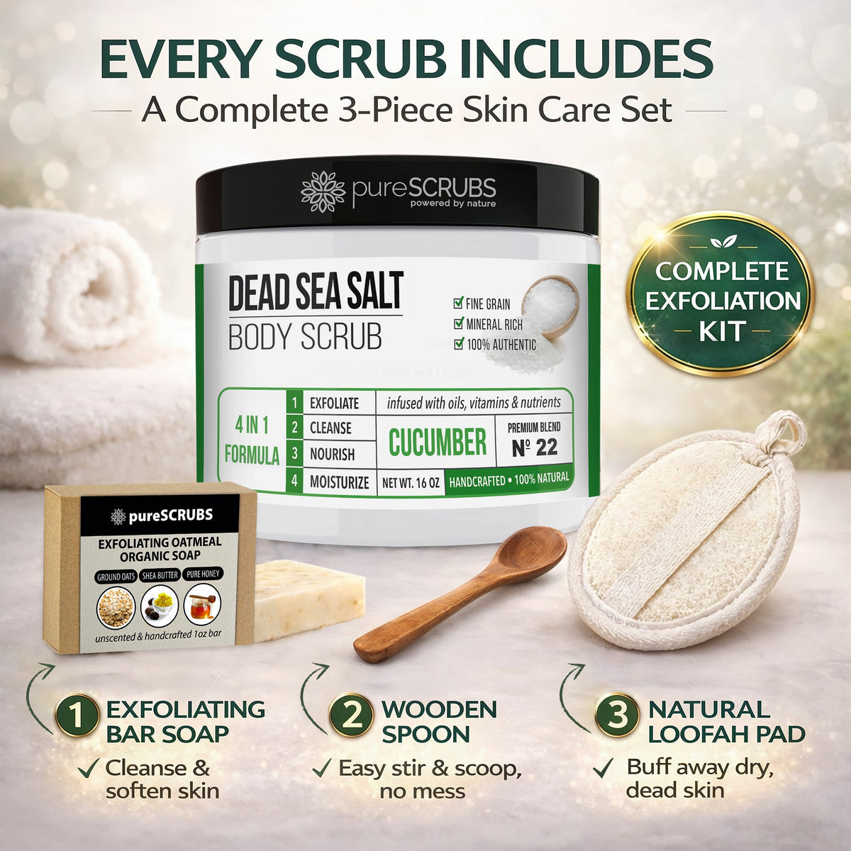 Cucumber Body Scrub / Dead Sea Salt / Premium Blend #22