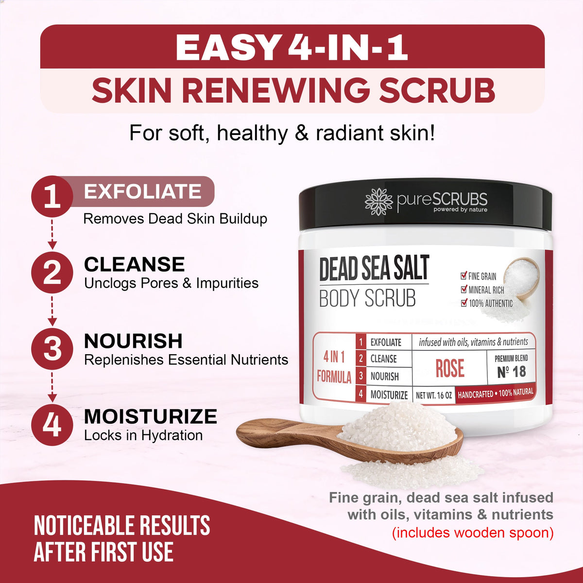 Rose Body Scrub / Dead Sea Salt / Premium Blend #18