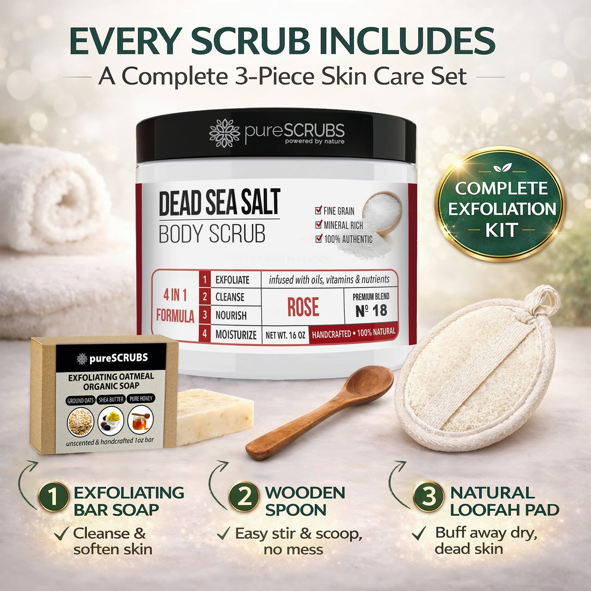 Rose Body Scrub / Dead Sea Salt / Premium Blend #18