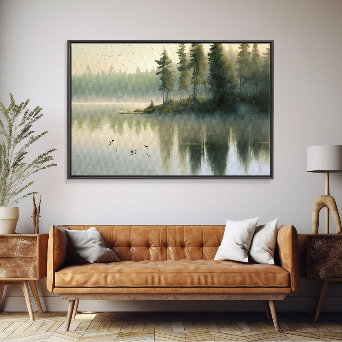 Misty Morning Sunset over a Oregon Lake, framed canvas print, beautiful nature / landscape art, boho minimalist farmhouse wall decor