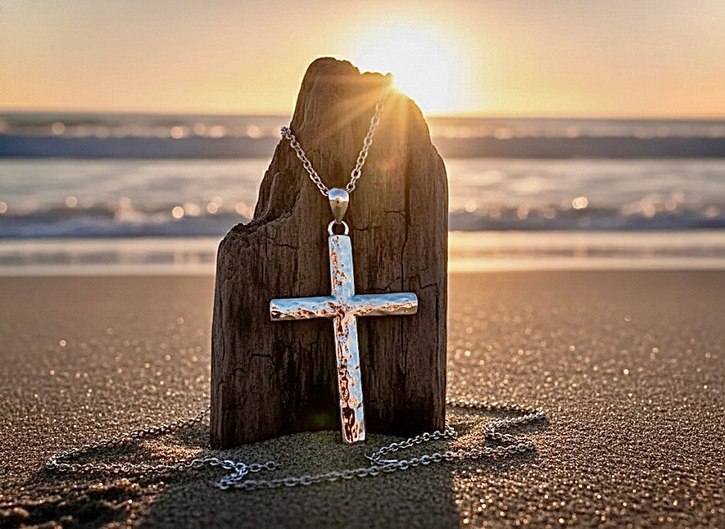 Solid Sterling Silver Hammered Cross Necklace Pendant