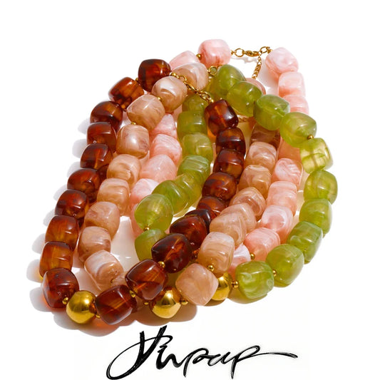 Stainless Steel Acrylic Square Beaded  Chain Necklace & Bracelet