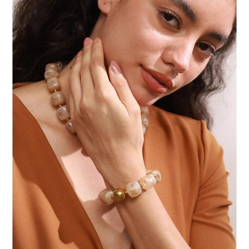 Stainless Steel Acrylic Square Beaded  Chain Necklace & Bracelet
