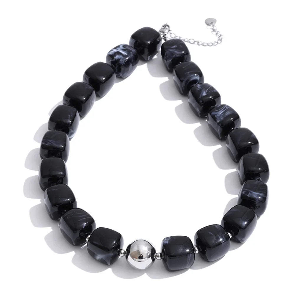 Stainless Steel Acrylic Square Beaded  Chain Necklace & Bracelet