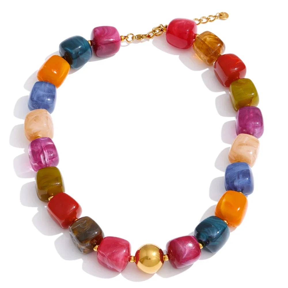 Stainless Steel Acrylic Square Beaded  Chain Necklace & Bracelet