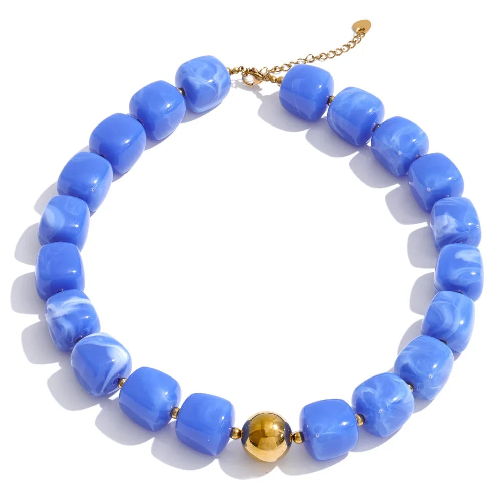 Stainless Steel Acrylic Square Beaded  Chain Necklace & Bracelet