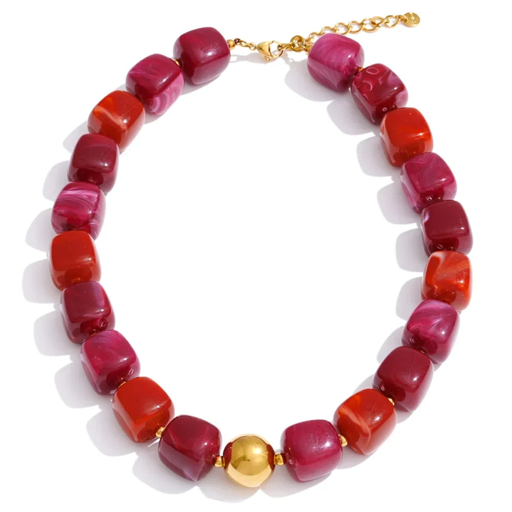 Stainless Steel Acrylic Square Beaded  Chain Necklace & Bracelet