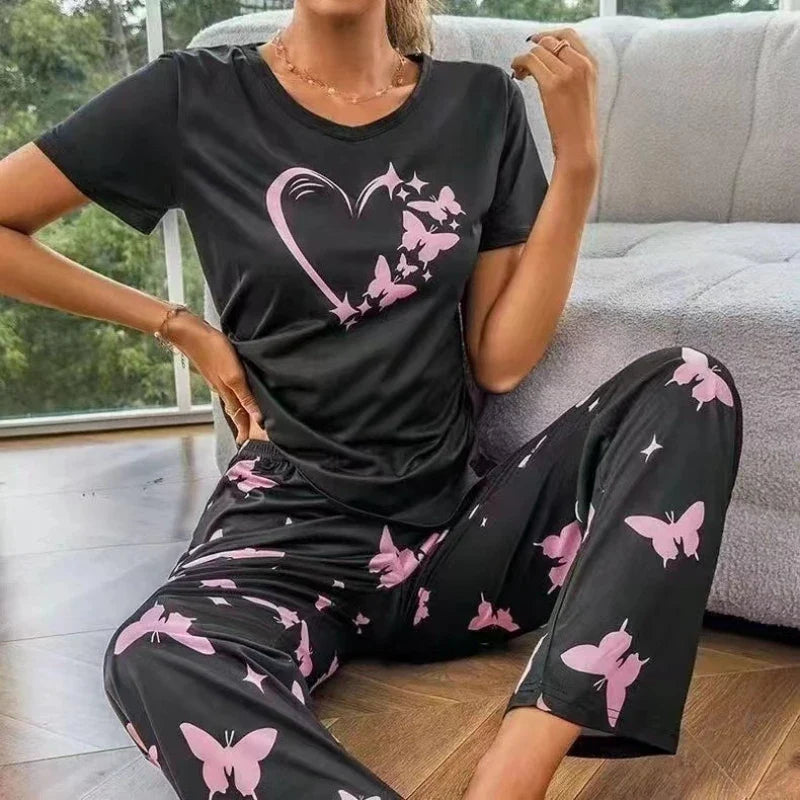 Comfortable Crew Neck Tops & Pants Sleepwear Set