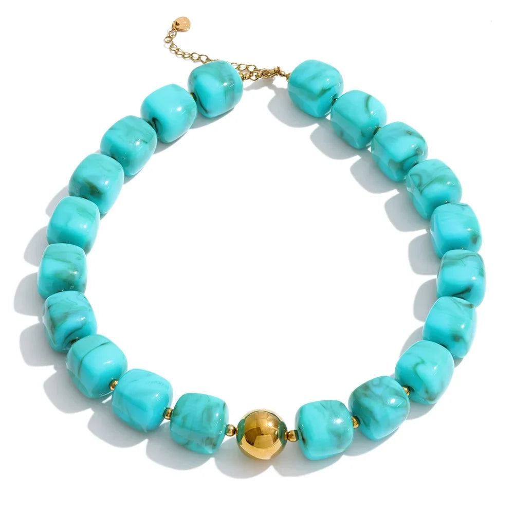 Stainless Steel Acrylic Square Beaded  Chain Necklace & Bracelet