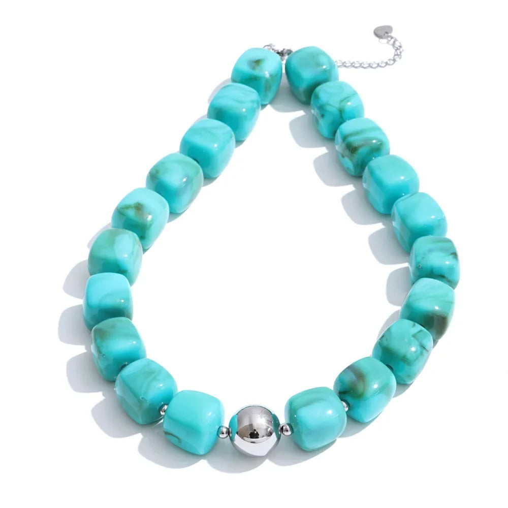 Stainless Steel Acrylic Square Beaded  Chain Necklace & Bracelet