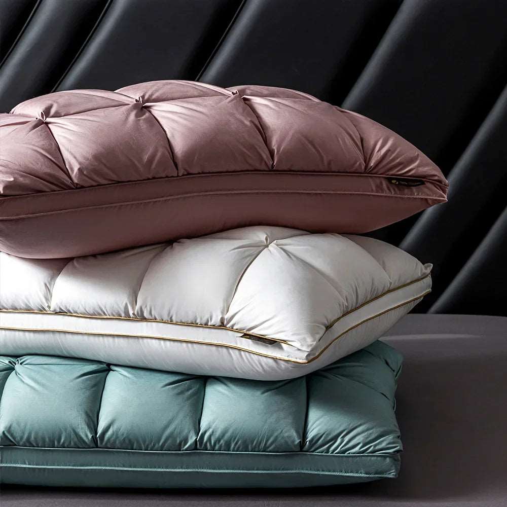 3D Goose Down Pillow – Pinch Pleat Ergonomic Sleep Pillow with Silk Cover