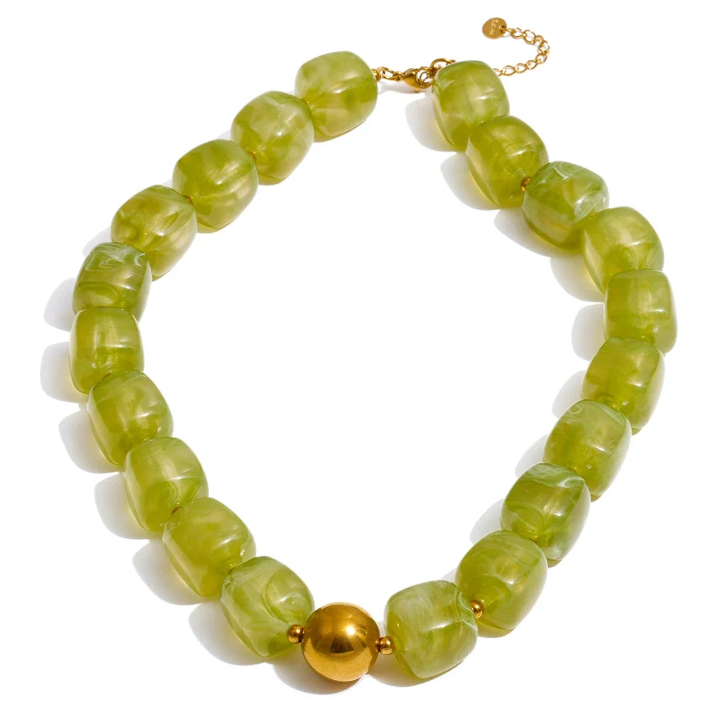 Stainless Steel Acrylic Square Beaded  Chain Necklace & Bracelet