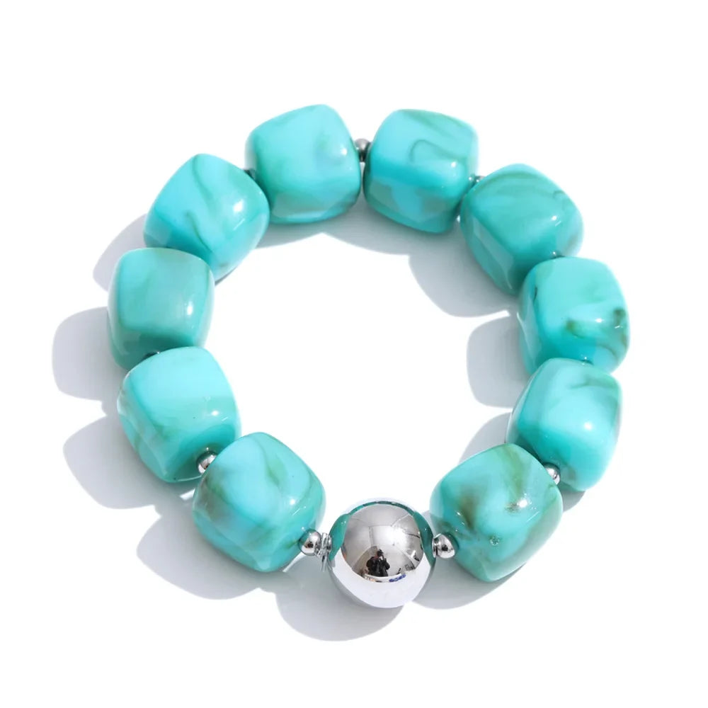 Stainless Steel Acrylic Square Beaded  Chain Necklace & Bracelet