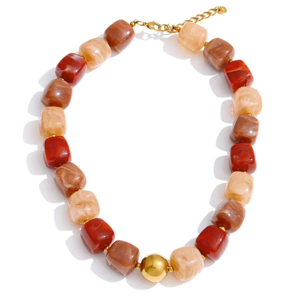 Stainless Steel Acrylic Square Beaded  Chain Necklace & Bracelet