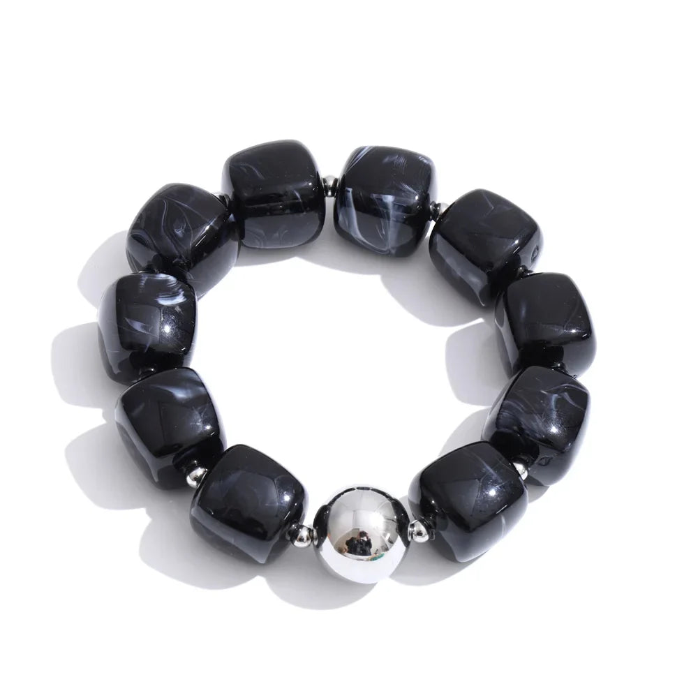 Stainless Steel Acrylic Square Beaded  Chain Necklace & Bracelet