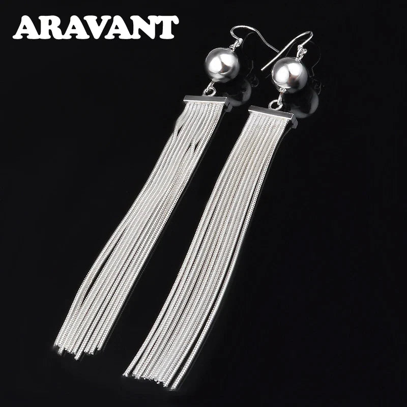 Aravant 925 Silver Bead Long Drop Earring For Women Fashion Wedding Jewelry