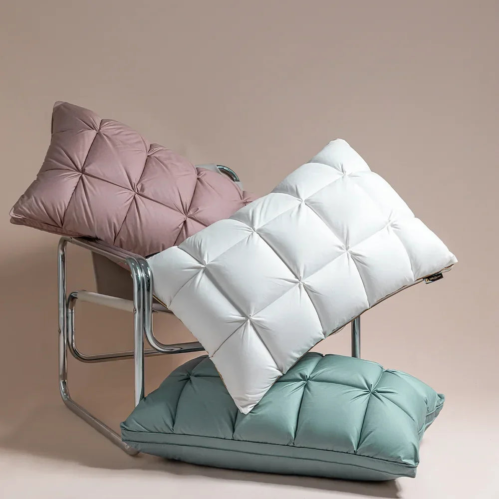3D Goose Down Pillow – Pinch Pleat Ergonomic Sleep Pillow with Silk Cover