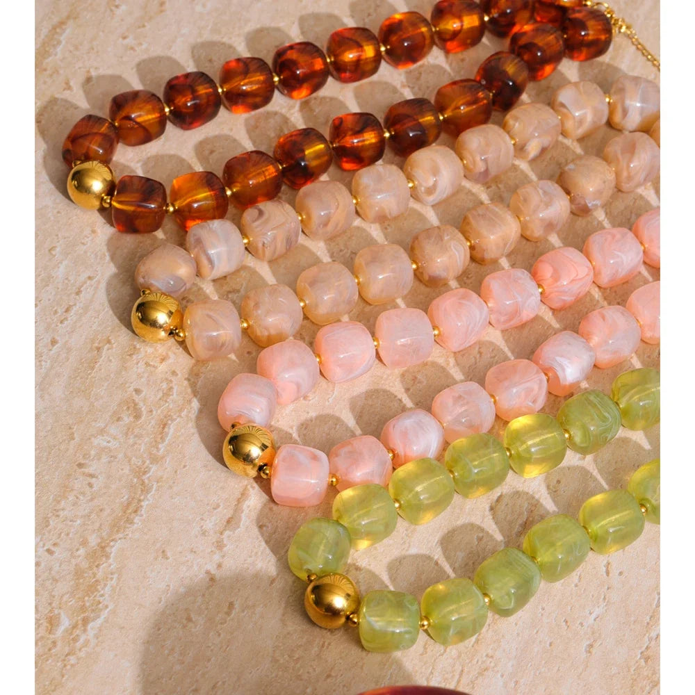 Stainless Steel Acrylic Square Beaded  Chain Necklace & Bracelet