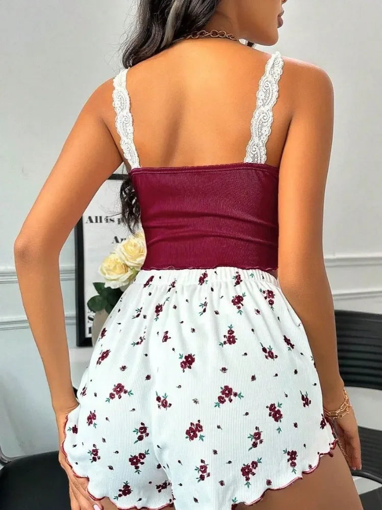 Women Lace V-Neck Pajama Set