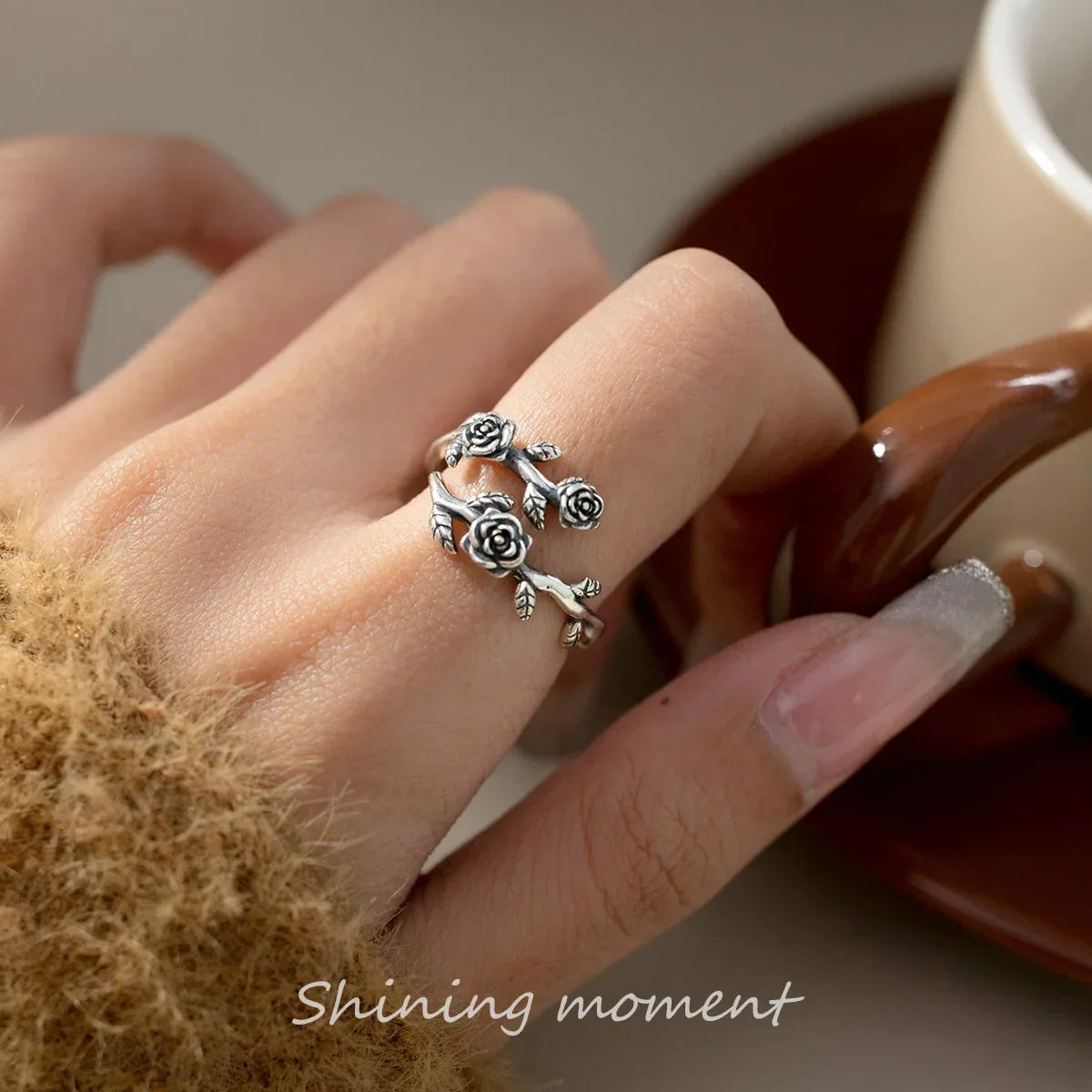 Sterling Silver Adjustable Roses & Branch Ring