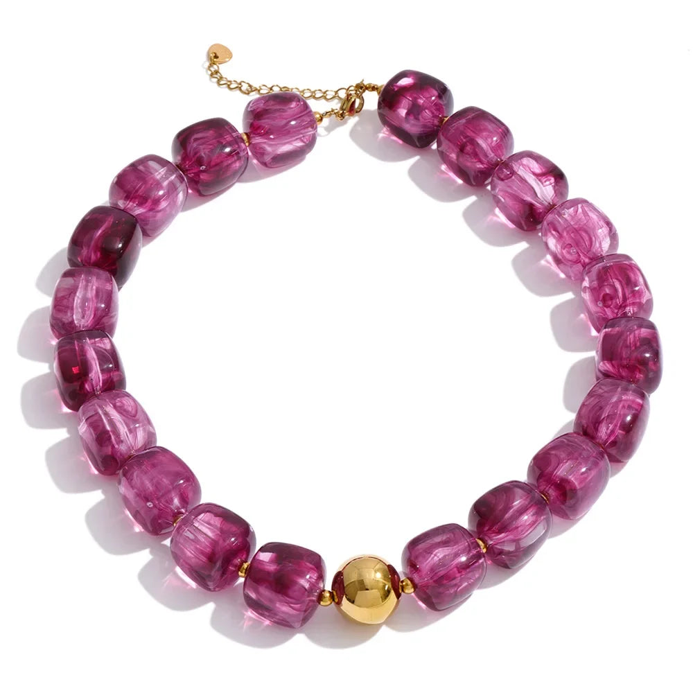 Stainless Steel Acrylic Square Beaded  Chain Necklace & Bracelet